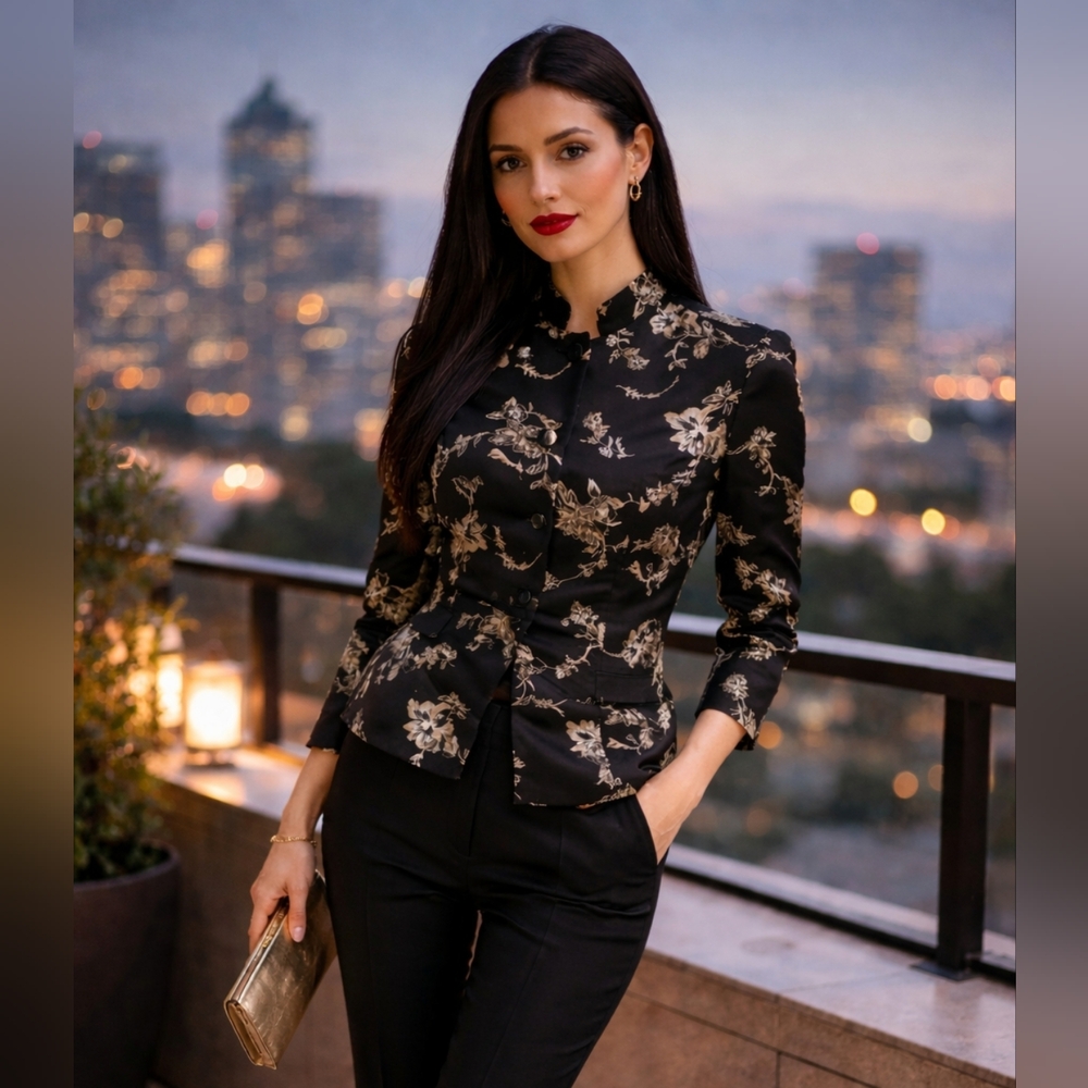 Charter Club 100% Silk Blazer Petite 6P Black Ivory Floral Mandarin Collar